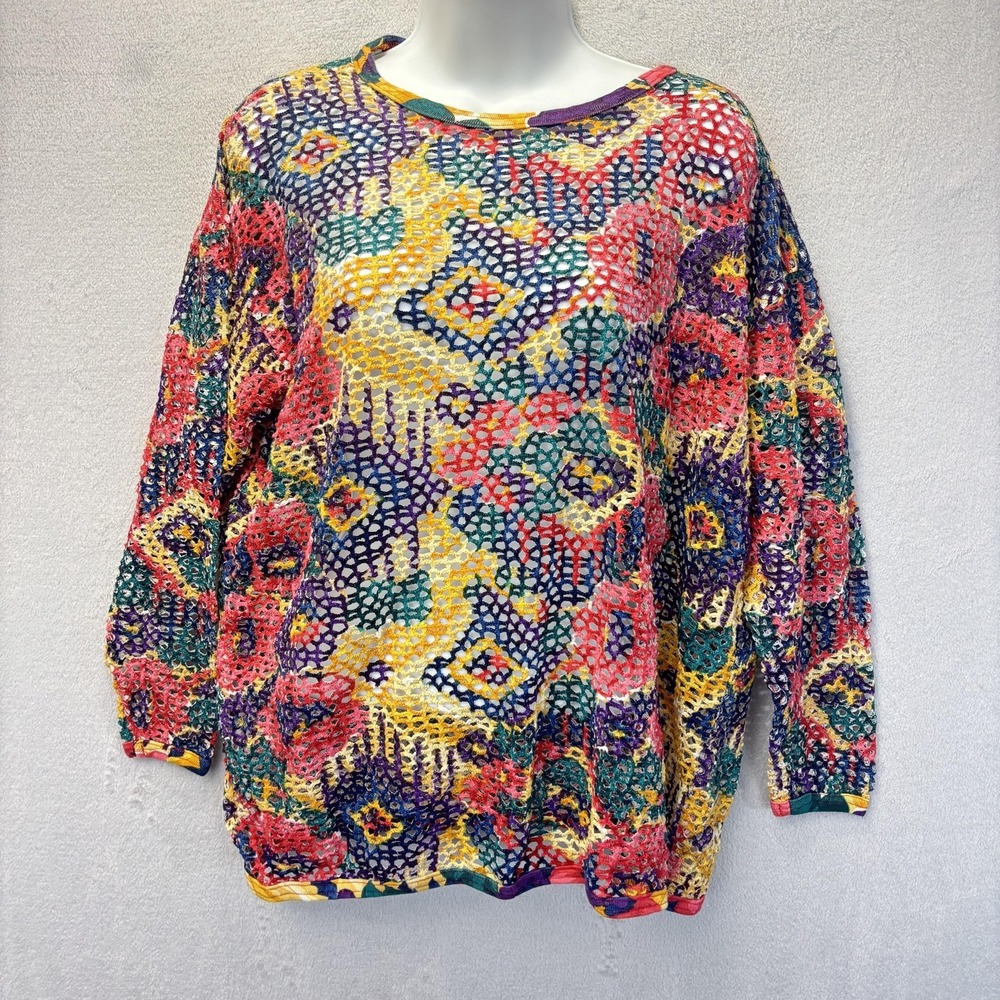 Vintage 90s Mesh Crochet Top Womens Large Multicolor Pacific Connections Grunge